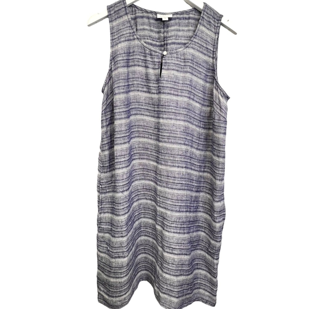 Pure Jill Linen Sleeveless Shift Dress Striped Pockets Blue White Womens M Tall